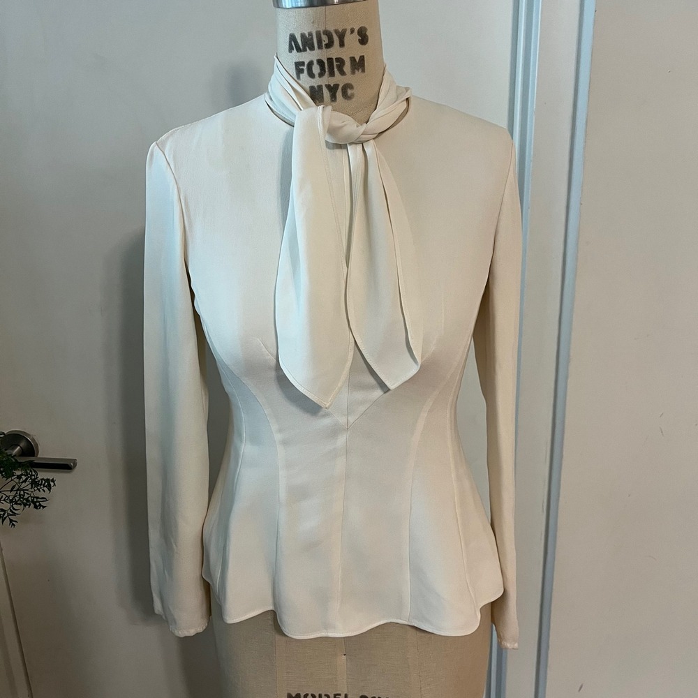 DEREK LAM Cream Silk Fitted Peplum Tie Blouse Size 4
